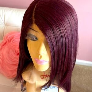 Burgundy, transparent lace front wig with deep side part
